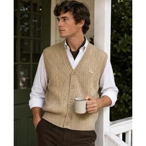 Monte Carlo Men Sz 44 Button Up Brown Lambs Wool Sweater Vest Cable Knit